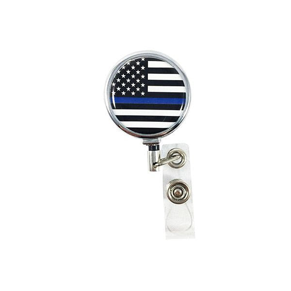 Thin Blue Line Badge Reel Holder Clip Police Cop Law Enforcement