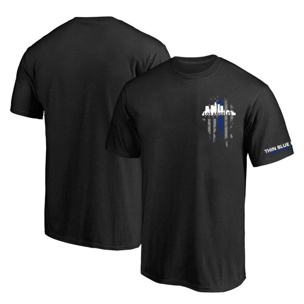 Men's T-Shirt, Thin Blue Line Los Angeles Skyline, Small Logo