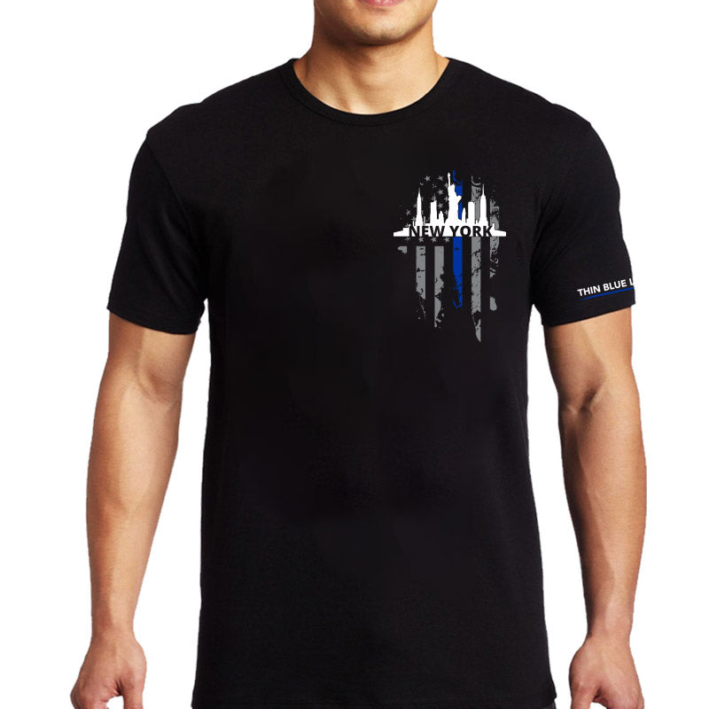 Men's T-Shirt, Thin Blue Line New York Skyline, Small Logo - Thin