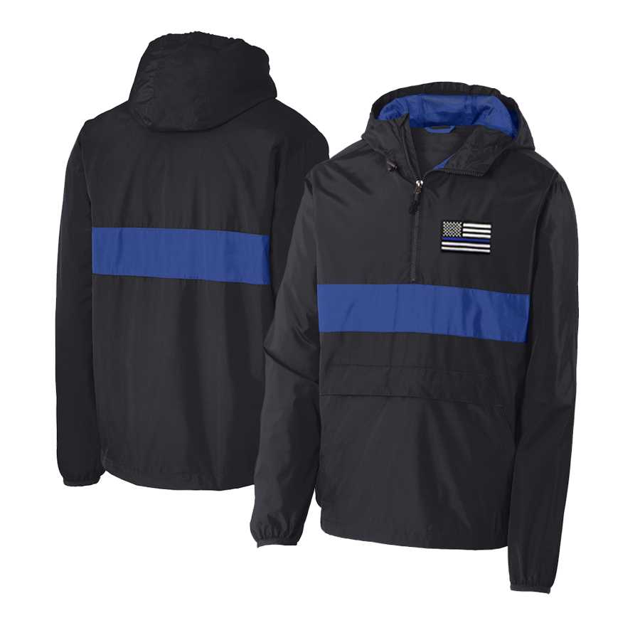 Thin Blue Line 1/2 Zip Hooded Windbreaker Embroidered Large